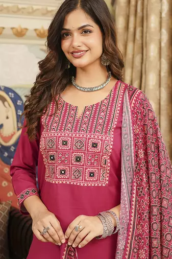 Women pink rayon blend ajrakh printed straight kurta trousers with dupatta
