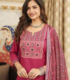 Women pink rayon blend ajrakh printed straight kurta trousers with dupatta