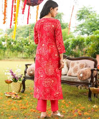 Women red viscose rayon floral embroidered straight kurta trousers with dupatta 4