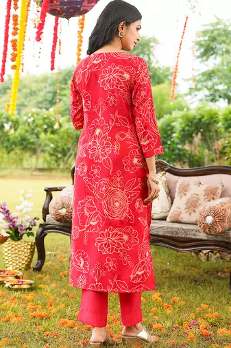 Women red viscose rayon floral embroidered straight kurta trousers with dupatta