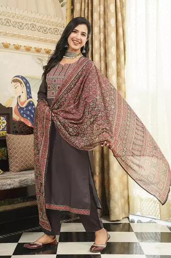 Women Black Rayon Blend Printed Kurta Trousers Dupatta