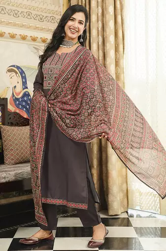 Women black rayon blend ajrakh printed straight kurta trousers with dupatta