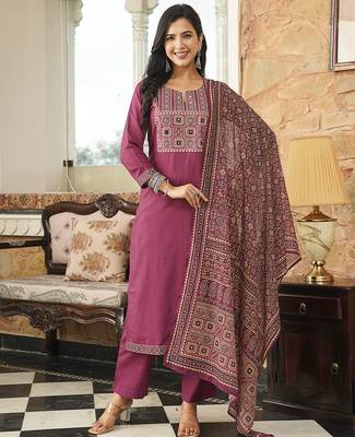 Women purple rayon blend ajrakh printed straight kurta trousers with dupatta 3
