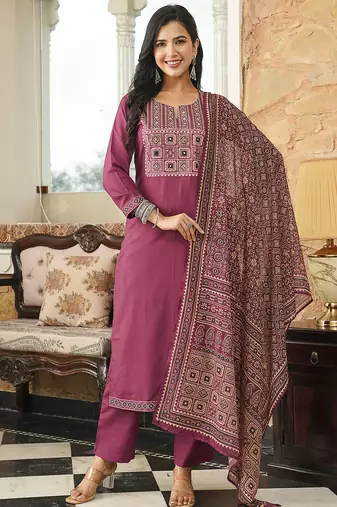 Women purple rayon blend ajrakh printed straight kurta trousers with dupatta