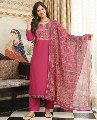 Women pink rayon blend ajrakh printed straight kurta trousers with dupatta 3