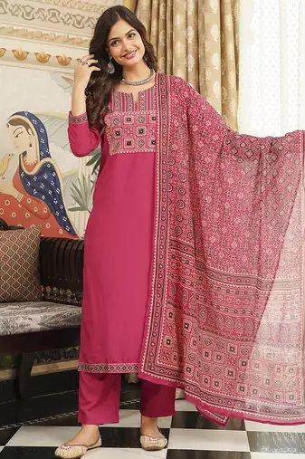 Women pink rayon blend ajrakh printed straight kurta trousers with dupatta