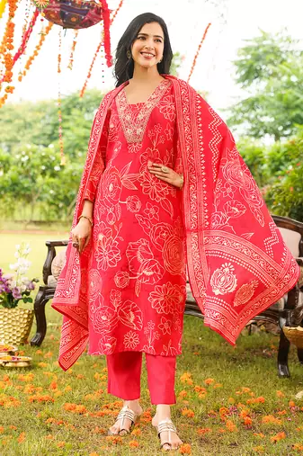 Women red viscose rayon floral embroidered straight kurta trousers with dupatta
