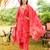 Women red viscose rayon floral embroidered straight kurta trousers with dupatta
