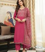 Women pink rayon blend ajrakh printed straight kurta trousers with dupatta