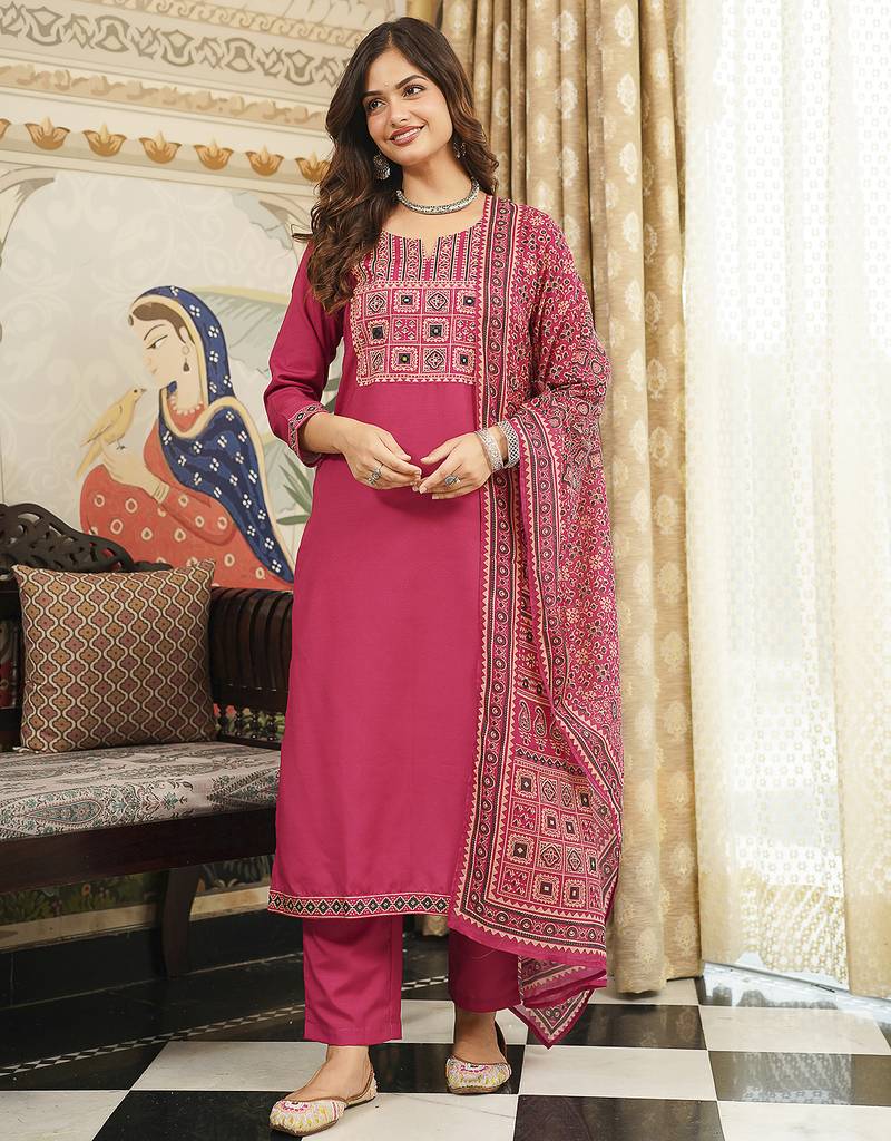 Women pink rayon blend ajrakh printed straight kurta trousers with dupatta