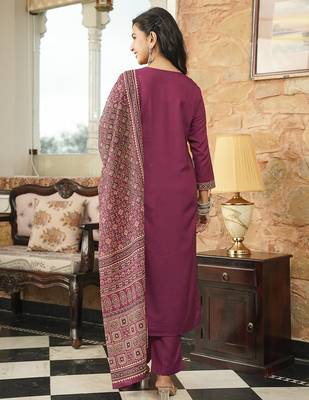 Women purple rayon blend ajrakh printed straight kurta trousers with dupatta 4