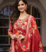 Women red viscose rayon floral printed straight kurta trousers with dupatta