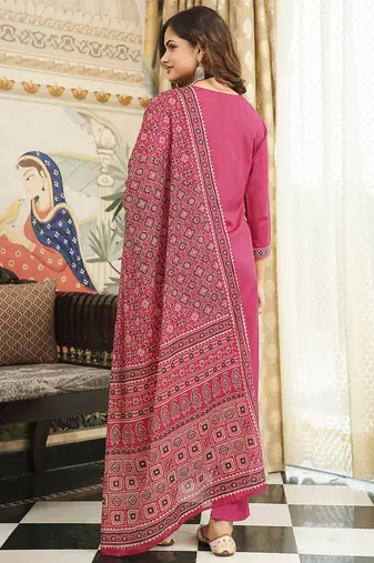 Women pink rayon blend ajrakh printed straight kurta trousers with dupatta