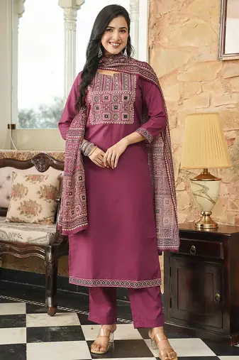 Women purple rayon blend ajrakh printed straight kurta trousers with dupatta