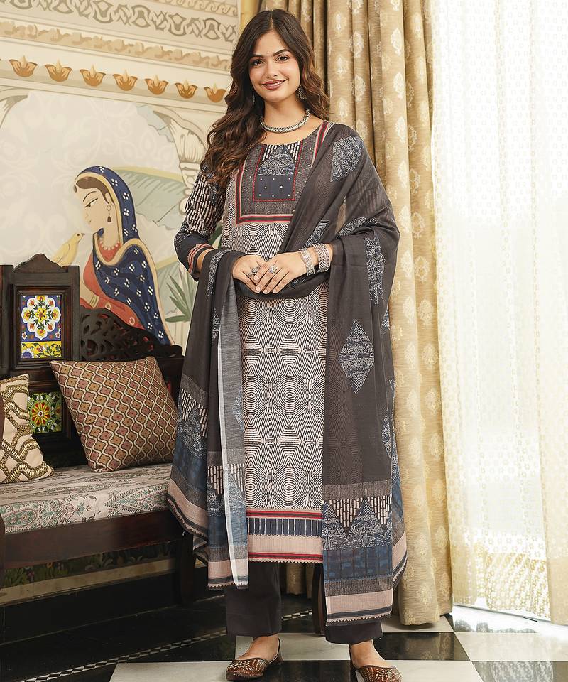 Women cream rayon blend geometric printed straight kurta trousers with dupatta