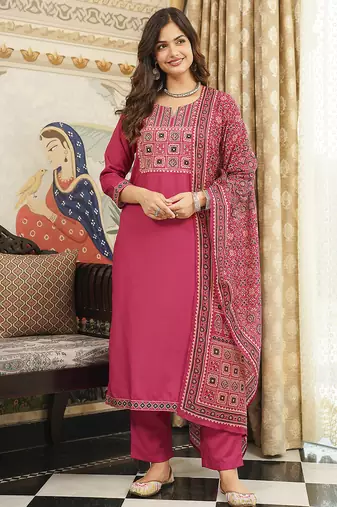 Women pink rayon blend ajrakh printed straight kurta trousers with dupatta