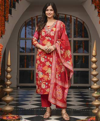 Women red viscose rayon floral printed straight kurta trousers with dupatta 2