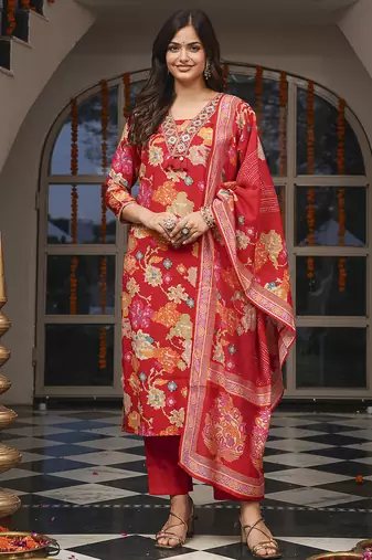 Women red viscose rayon floral printed straight kurta trousers with dupatta
