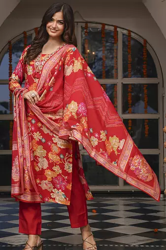 Women red viscose rayon floral printed straight kurta trousers with dupatta