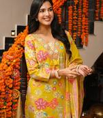 Women yellow viscose rayon geometric embroidered straight kurta trousers with dupatta