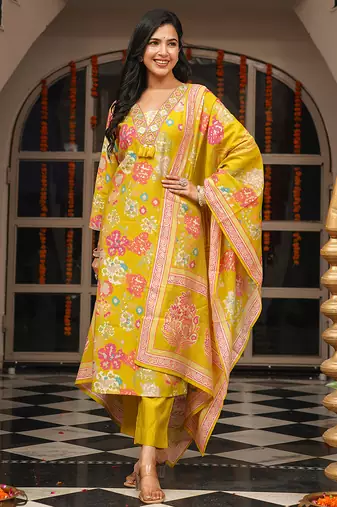 Women yellow viscose rayon geometric embroidered straight kurta trousers with dupatta