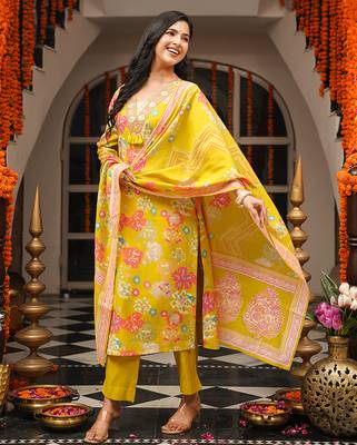Women yellow viscose rayon geometric embroidered straight kurta trousers with dupatta 3