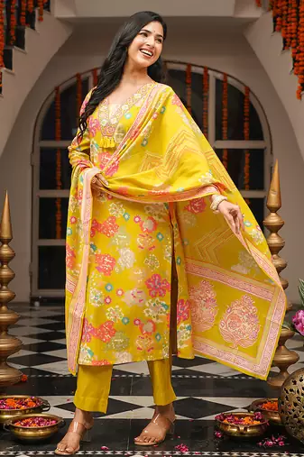 Women yellow viscose rayon geometric embroidered straight kurta trousers with dupatta