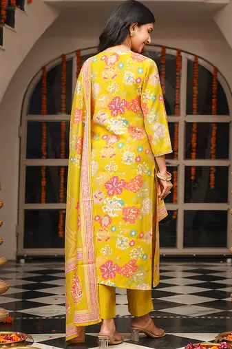 Women yellow viscose rayon geometric embroidered straight kurta trousers with dupatta