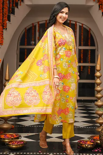 Women yellow viscose rayon geometric embroidered straight kurta trousers with dupatta