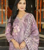 Women lavender viscose rayon floral embroidered straight kurta trousers with dupatta