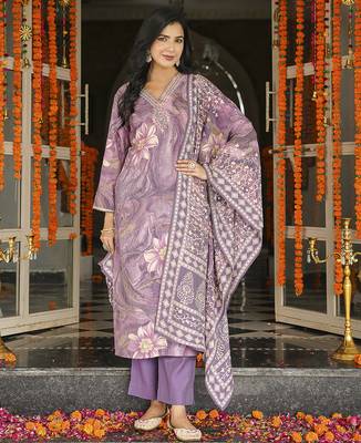 Women lavender viscose rayon floral embroidered straight kurta trousers with dupatta 2