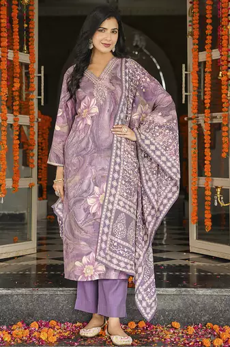 Women lavender viscose rayon floral embroidered straight kurta trousers with dupatta