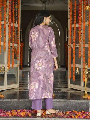 Women lavender viscose rayon floral embroidered straight kurta trousers with dupatta 4