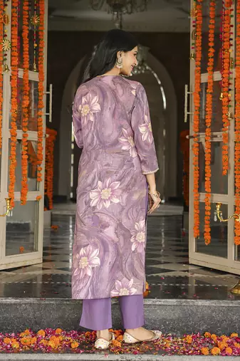 Women lavender viscose rayon floral embroidered straight kurta trousers with dupatta