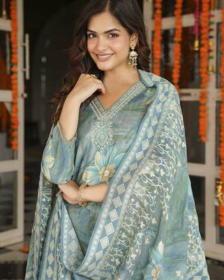 Women blue viscose rayon floral embroidered straight kurta trousers with dupatta 1