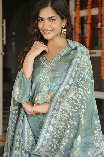 Women blue viscose rayon floral embroidered straight kurta trousers with dupatta