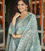 Women blue viscose rayon floral embroidered straight kurta trousers with dupatta