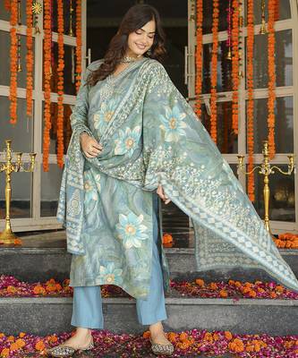 Women blue viscose rayon floral embroidered straight kurta trousers with dupatta 3