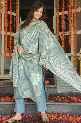 Women blue viscose rayon floral embroidered straight kurta trousers with dupatta