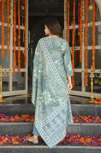 Women blue viscose rayon floral embroidered straight kurta trousers with dupatta