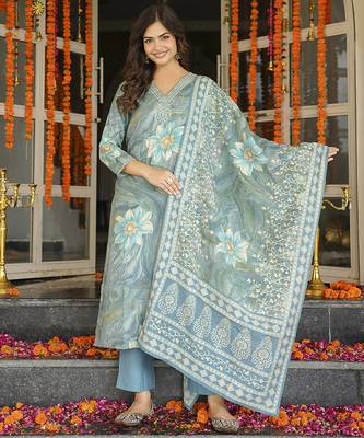 Women blue viscose rayon floral embroidered straight kurta trousers with dupatta 5