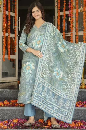 Women blue viscose rayon floral embroidered straight kurta trousers with dupatta
