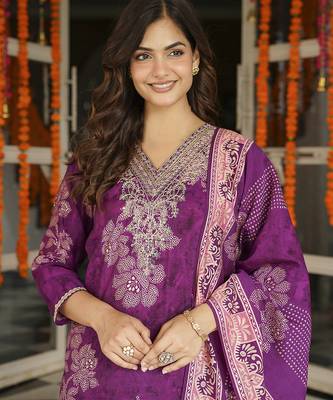 Women purple poly chanderi floral embroidered straight kurta trousers with dupatta 1