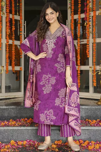 Women purple poly chanderi floral embroidered straight kurta trousers with dupatta