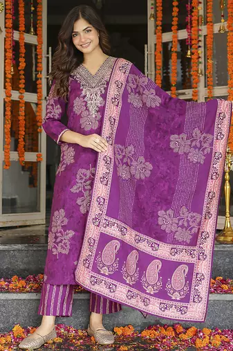 Women purple poly chanderi floral embroidered straight kurta trousers with dupatta