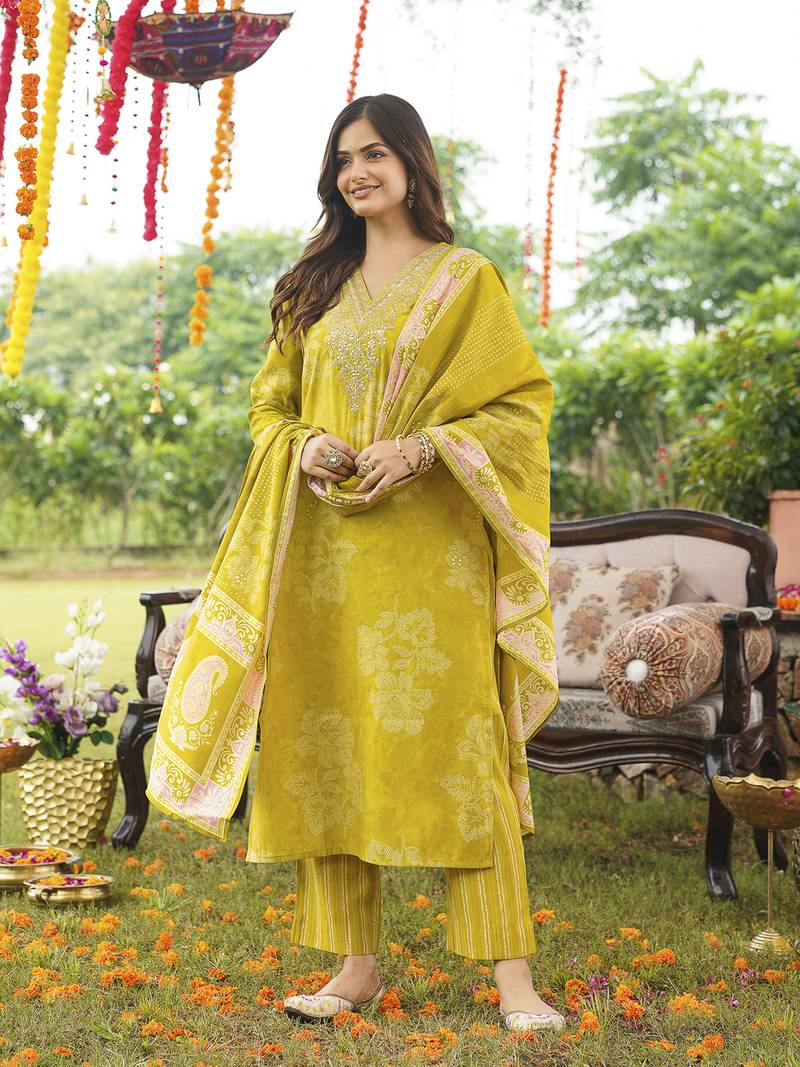 Women yellow poly chanderi floral embroidered straight kurta trousers with dupatta