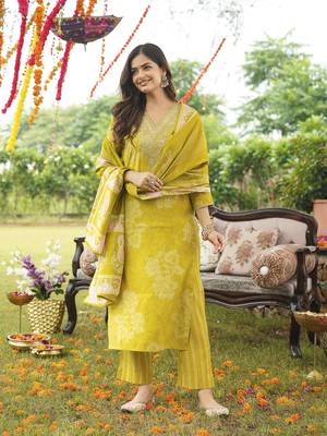 Women yellow poly chanderi floral embroidered straight kurta trousers with dupatta 2