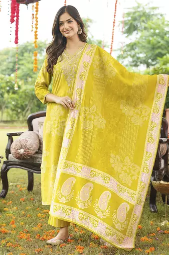 Women yellow poly chanderi floral embroidered straight kurta trousers with dupatta