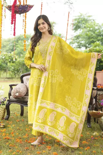 Women yellow poly chanderi floral embroidered straight kurta trousers with dupatta