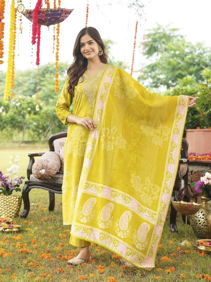 Women yellow poly chanderi floral embroidered straight kurta trousers with dupatta